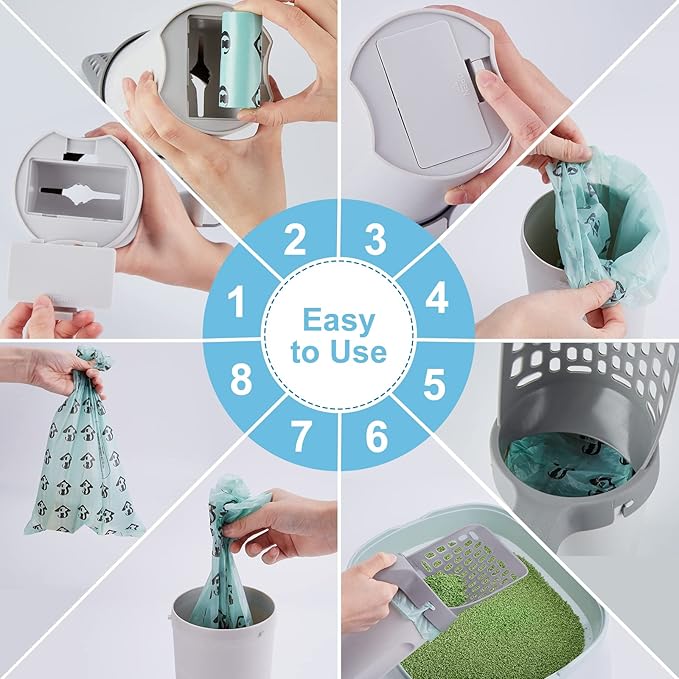 Cat Litter Scooper with Holder, Cat Litter Shovel with Waste Can and Refill 135 Bags(9 Boxes of 15 Bags), Large Capacity Cat Scooper Portable Shovel