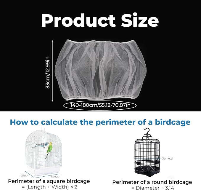 2 Pcs Bird Cage Seed Catcher, Adjustable Bird Cage Net Cover, Reusable Soft Nylon Cover for Parrot Enclosures (White)