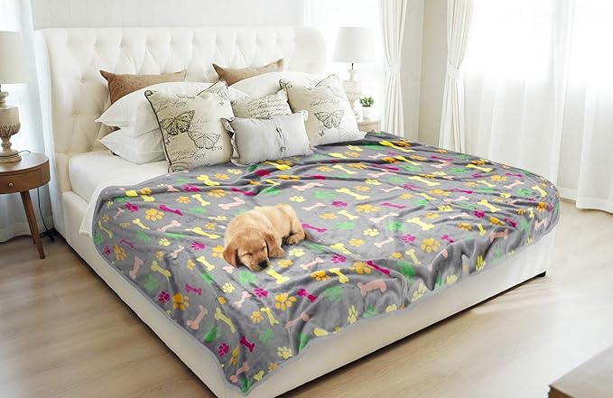 Allisandro Luxurious Dog Blanket, 350 GSM Super Fuzzy Microplush Fleece Pet Blankets for Small Medium Large Dogs and Cats, Vivid Paw and Bone, 64 x 40 Inches
