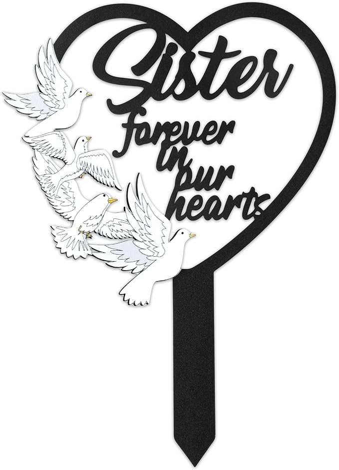 BUoonyer Stake Graves Cemetery Decorations - Sister Metal Memorial Grave Markers, Girls Heart Graveyard Sympathy Plaque, Dove Remembrance Graveside Burial Decor Sign for Outside Yard Garden