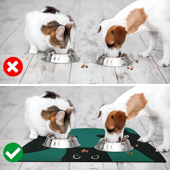 Cat Food Mat - Pet Feeding Mat for Floor, Non-Slip, Waterproof, Super Absorbent, Easy to Clean, Blue, Cat, Dog 12.2''x19.7''