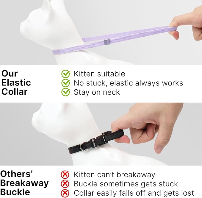 Safety Cat Collar - U.S. IDA Gold Awarding Design, Stretch Elastic Quick Release, Non Breakaway - Light Weight for Kitten, Neck Fit 5.9'-11.8' for All Small Large Cat,S(Monet Purple)
