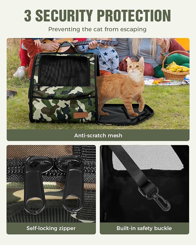 PETUX Cat Backpack Carrier for Small Cat ＆ Dog up to 12 lb - Camouflage Style, Escape-Proof, Widened Interior, 3 Side Breathable Soft Sided Dog Backpack Carrier for Travel, Hiking and Vet - Green