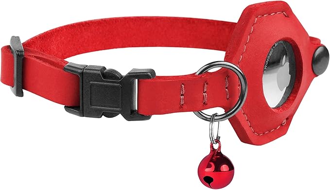 Breakaway Airtag Cat Collar with Removable Bell - Leather Soft Pet Collar with Apple Air Tag Holder - Adjustable GPS Collars for Girl Boy Cats Kitten Puppy - Lightweight, Cute and Comfortable (Red)