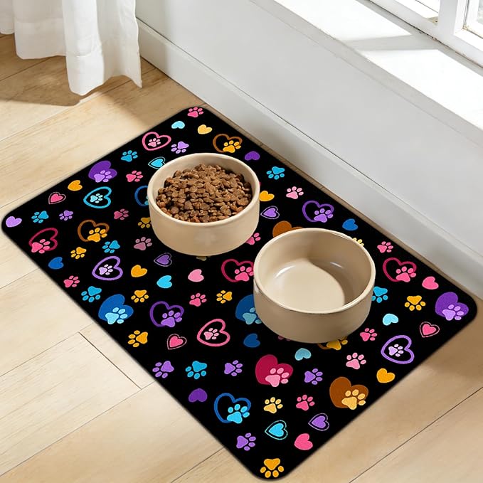 Dog Food Mat for Bowls, Absorbent Quick Dry Dog Cat Mats for Food and Water, Non-Slip Backing Pet Mat Pet Supplies - Paw Pattern