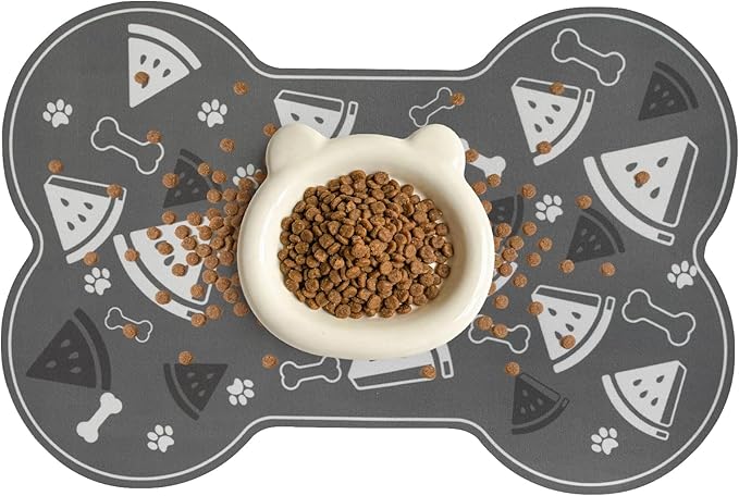 Dog Food Mat, 0.15” Thickened Super Absorbent Pet Feeding Mat for Food and Water, Fruit Donut Pattern Cat Placemat, Quick Dry Non-Slip Dog Bowl Mat, Water Splash Proof（Medium Watermelon Grey）
