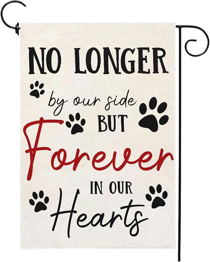 Pet Memorial Garden Flag No Longer By My Side Forever in Our Heart 12x18 Inch Double Sided Burlap Pawprints Lost Pet Cat Dog Bereavement Gift Outdoor Yard Decor
