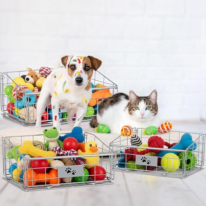 Mimorou 3 Pack Metal Dog Toy Baskets Multi-sized Foldable Dog Toy Bins Box Storage Container Organizer for Living Room Area Decorative Pet Accessories Coat Clothing Storage Holder Baskets(Silver)