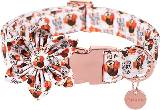 Thanksgiving Dog Collar with Flower, Turkey Cotton Flower Collar for Puppy Girl Dog or Cat, Autumn Flower Collar with Durable Metal Buckle, Thanksgiving Pet Collar, XS, Neck 8-12in
