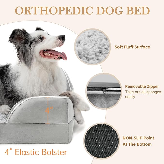 Comfort Expression Orthopedic Dog Bed for Medium Dogs 30x20 Inch, Waterproof Egg Crate Foam Medium Pet Bed with Removable Bolsters, Dog Couch with Washable Cover & Non-Slip Bottom, Grey White