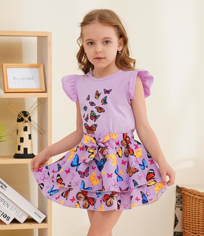 Girls Skirt Set 2 Piece Outfit Toddler Summer Clothes Ruffle Sleeve T-Shirt Bow Knot Tutu Skirt Outfit Set