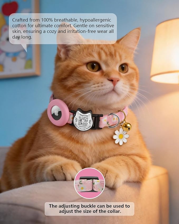 Cute Floral Breakaway Cat Collar with QR Code ID, Cotton Kitten Collar with Bell & AirTag Holder, Adjustable Safety Collar for Cats,Pastoral Style with airtag Holder(Pink)