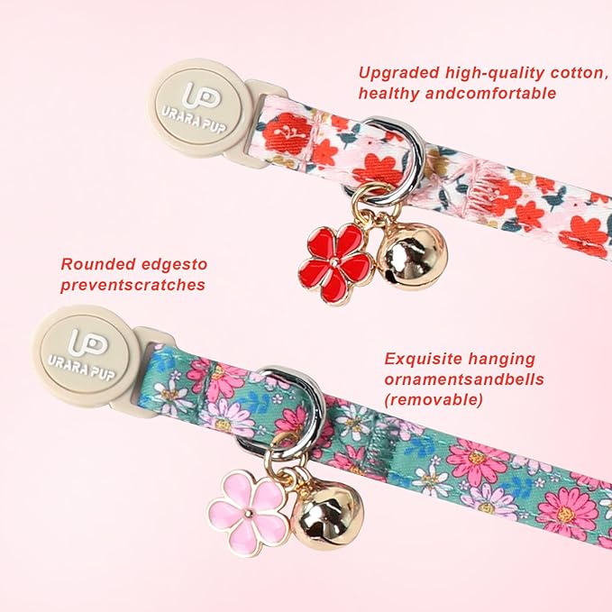 Cat Collar,2Pack Summer Cat Collars Cute Breakaway,Spring Green Leaf Flower Kitten Collar with Bell, Kitty Collars with Safety Buckle for Girl & Boy Cats
