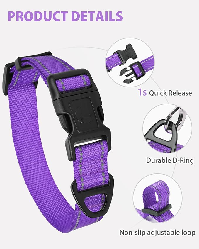 Joytale Reflective Dog Collar, Adjustable Nylon Pet Collar with Quick-Release Buckle for Medium Dogs, Purple, M