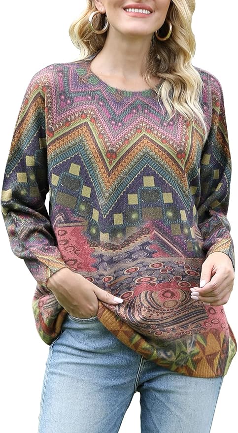YESNO Women Christmas Sweater Graphic Printed Oversized Pullover Sweaters Casual Loose Knit Tops S01