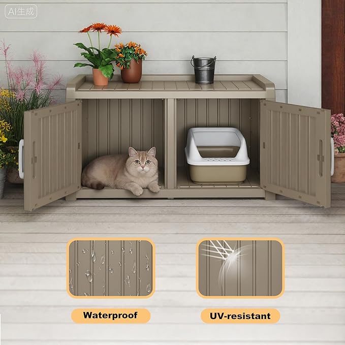 Cat Litter Box Enclosure Resin Hidden Cat Litter Box Furniture Multi-Functional Double Door Spacious Odorless Waterproof UV-Resistant Indoor Outdoor Use Grey