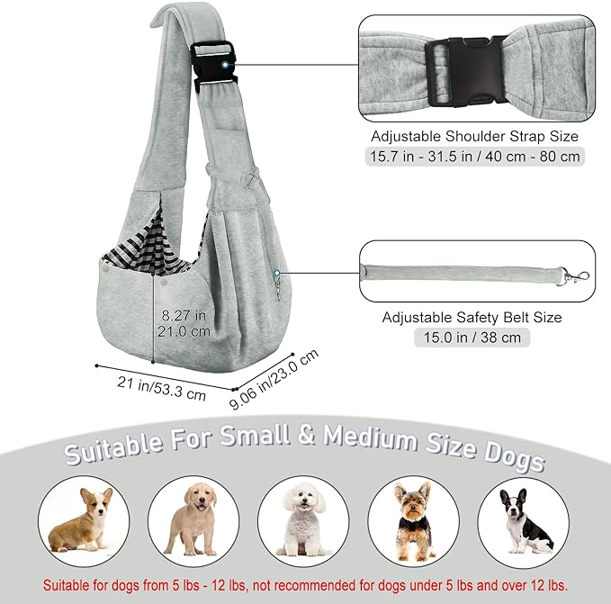 PETLOFT Reversible Small Dog Cat Sling Carrier, Adjustable Hands Free Cross Body Carrier with Collar Hook for Dog/Cat/Bunny up to 11lb (Light Grey)