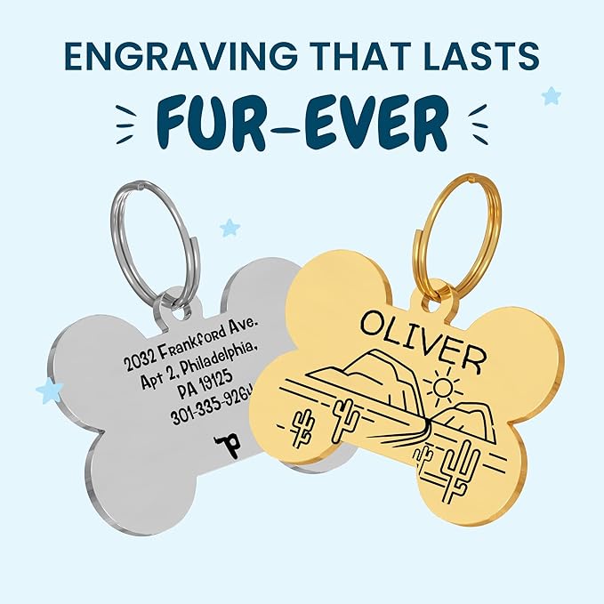 PawFurEver Custom Engraved Pet ID Tag – Personalized Dog Name Tag for Dogs and Cats, Stainless Steel Collar Accessory with Cute Designs pet Name Tags (Bone, Gold)