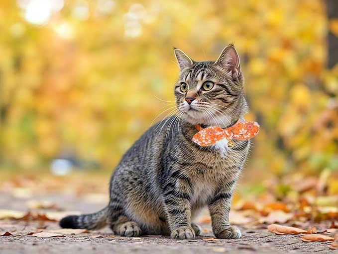 Bowtie Cat Collar with Bell 2 Pack Cotton Breakaway Kitten Collars with Removeable Bunny Ear Stylish Cat Collars(Floral Orange & Plaid)