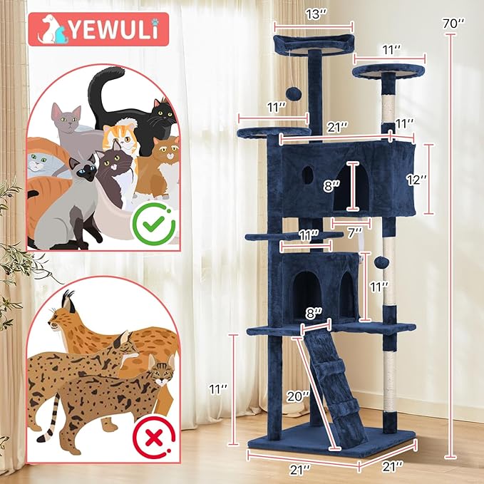 70in Cat Tree Cat Climbing Tower with Scratching Post, Cats House Perch Kitten Tree Condo Wood Playhouse, Pet Trees Tower for Indoor Cats, Navy Blue