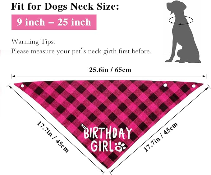 Birthday Plaid Dog Bandana with Button, Fall Dual Layer Scarf Soft Cotton Triangle Bib Girls and Boys Kerchief Adjustable Accessories for Small Medium Large Extra Large Dog Puppy Pet Cat