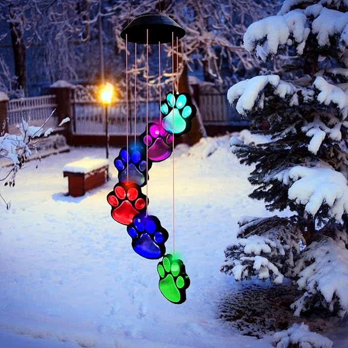 Paw Print Solar Wind Chimes for Outside, Dogs Cat Pet Pawprint Remembrance Wind Chimes,Waterproof Color Changing Solar Hanging Lights,Sympathy Gift for Pet Lover,Balcony,Patio,Yard Decor