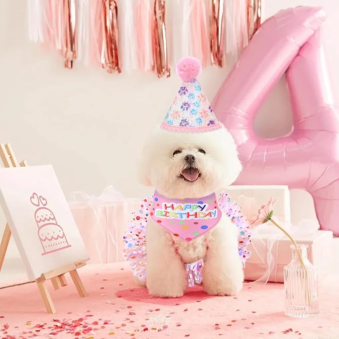 Dog Birthday Bandana with Hat and Dress Girl Set Puppy Birthday Party Supplies Cute Tutu Skirt Outfit for Small Medium Large Dogs Decorations(Purple) (Rose red)