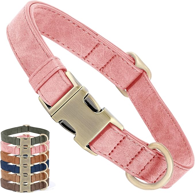 Genuine Leather Dog Collar - Adjustable Pet Collar with Quick Release Metal Buckle, Soft Skin Friendly Real Leather Collar for Small, Medium, Large Dogs (Pink, S：Fit 8-16" Neck)