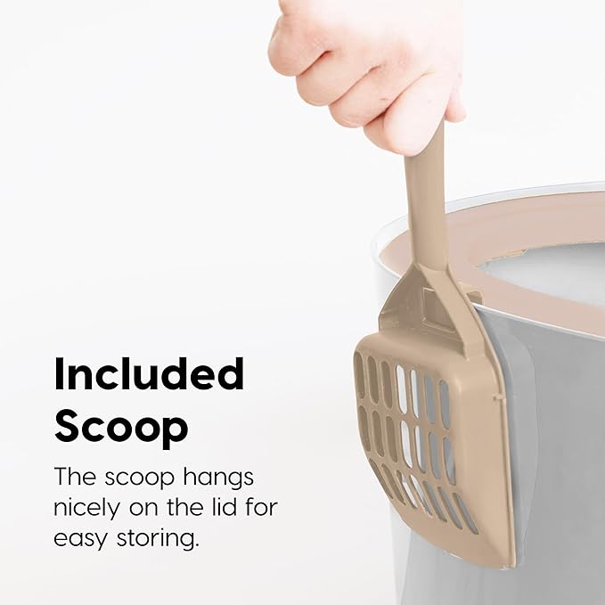 IRIS USA Cat Litter Box, Large Top Entry with Litter Catching Lid and Scoop, Dog Proof, Cat Box Enclosure, Beige/White
