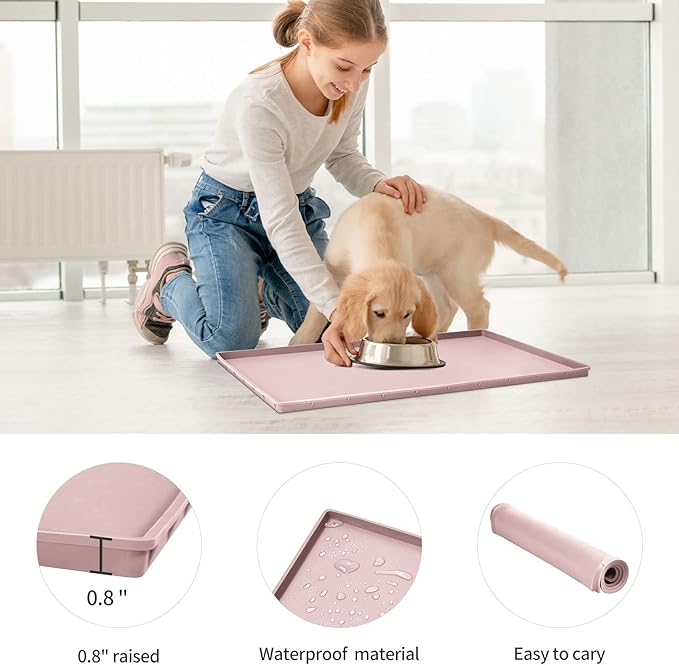 Dog Food Mat,Silicone Waterproof Food Tray,Non Slip Pet Bowl Mats Placemat,0.8" Raised Edge,Suitable for Most Small and Medium Sized Pets,28" x 18"