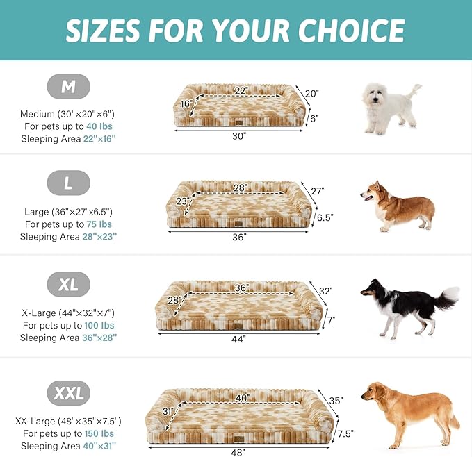 Cute Dog Bed for Extra Large Dogs, Faux Rabbit Fur Orthopedic Dog Bed with Sides, Removable Washable Cover & Waterproof Lining, Comfortable Pet Couch, Tie-Dye Brown (48" L x 35" W x 7.5" Th)
