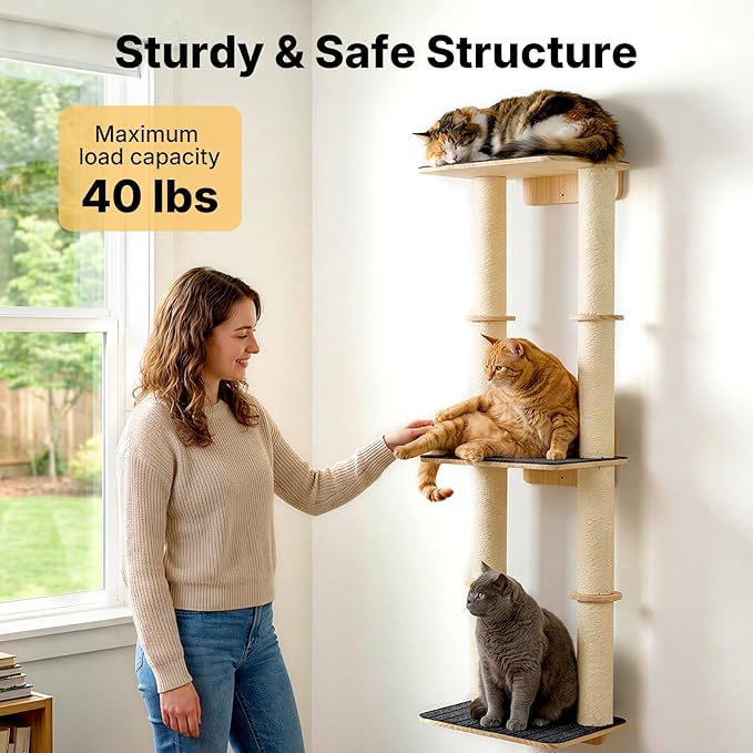 Veehoo Cat Wall Shelves, 57" Cat Wall Climber with Dual Sisal Scratching Posts and Carpeted Perch, Cats Wall Scratcher Furniture for Climb, Play and Rest
