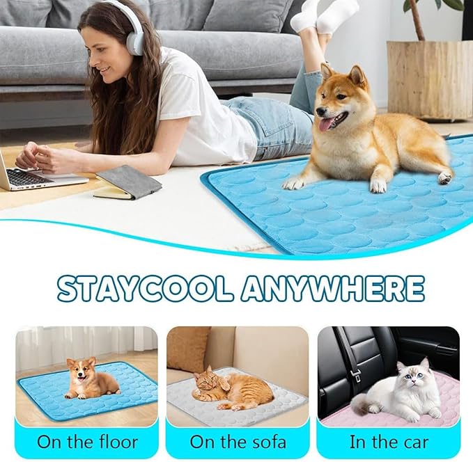 Dog Cooling Mat, Pet Cooling Mats, Summer Cool Pads Pet Mat Outdoor for Dogs & Cats, Machine Washable (Blue, L: 70×55 cm | 28×22")