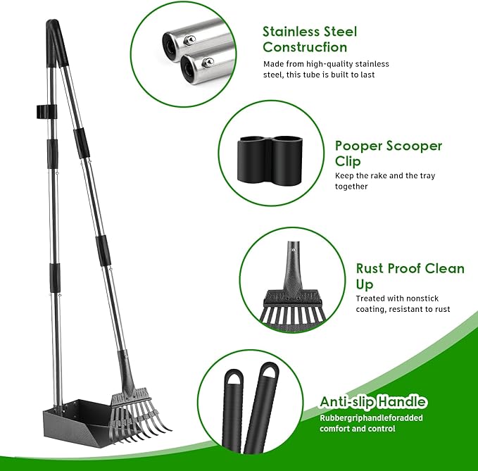 Pooper Scooper, Long Handle Pet Supplies Dog Pooper Scooper with Stainless Metal Tray and Rake for Large Medium Small Dogs Heavy Duty, Use on Grass, Dirt or Gravel