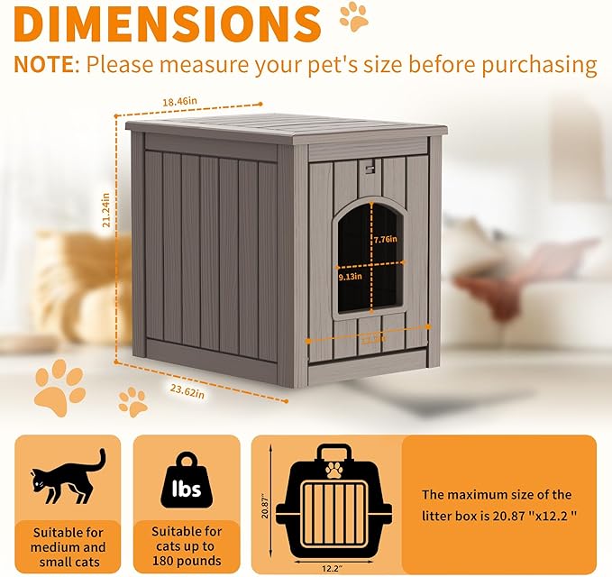 Cat Litter Box Enclosure, Multi-Functional Hidden Litter Box Furniture & Indoor Outdoor Cat House with Side Table Design, Openable Front Door & Raised Floor, Easy to Clean & Assemble, Grey