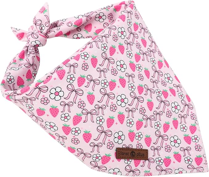 Lionet Paws Spring Strawberry Bow Dog Bandana Washable Cotton Handkerchief Scarf Triangle Pink Bandana for Small Medium Large Dogs Girl Boy