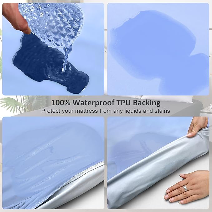 Waterproof Mattress Protector King, Fitted Sheet Style Breathable Mattress Cover with Deep Pocket Fits Up to 18'', Noiseless Bed Cover for Kids Adults Pets, Machine Washable (Sky Blue, 76'' X 80'')