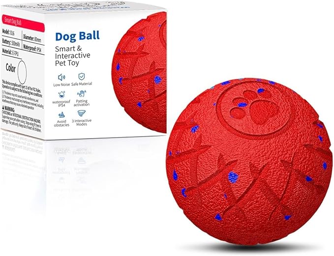 Interactive Dog Ball, Automatic Moving, Bouncing and Rotating, Silent Foam Material, IP54 Waterproof Rating, Smart Active Rolling, Stimulation Toys for Medium and to Keep Them Busy (Red)