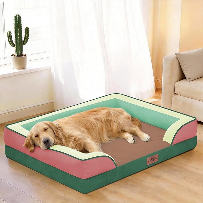Comfort Expression Orthopedic Dog Bed for Extra Large Dogs 42x30 Inch, Waterproof Egg Crate Foam XL Pet Bed with Removable Bolsters, Dog Couch with Washable Cover & Non-Slip Bottom, Watermelon Mist