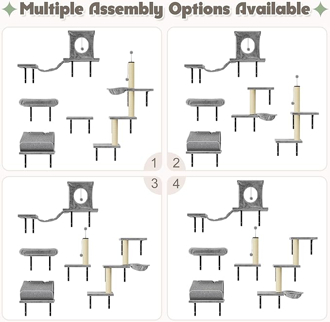 NUNU LAB 7-in-1 Wall Mounted Cat Climber Set, Cat Wall Furniture Set with House, Bridge, Steps, Scratcher Post, DIY Playground, Cat Wall Shelves - Gray