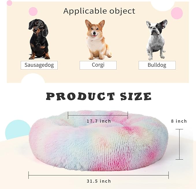 Calming Dog Bed for Medium Dogs Washable Donut 30 inches Anti-Slip Pet Bed,Round Fluffy Plush Faux Fur Cat Bed,Fits up to 45 lbs Pets,Multi Colored