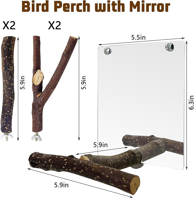 BNOSDM 5PCS Bird Mirror with Perches Stand Parrot Natural Wood Stick Perches Forked Perch Branch Parakeet Toy Set Bird Cage Accessories for Budgie Cockatiel Conure Finch Lovebird