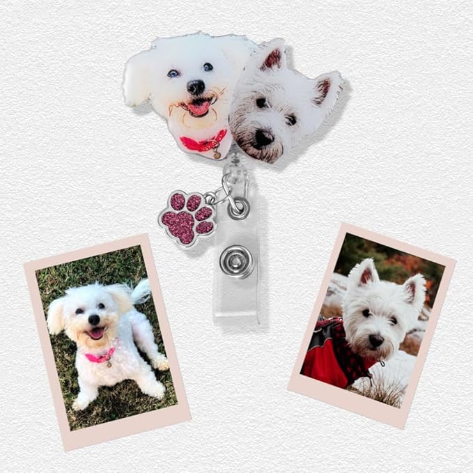 callie Personalized Pet Portrait Badge Reel - Custom Dog Cat Photo, Cute Badge Holder Retractable with Alligator Clip & Paw Charm, Gifts for Dog Lover Nurse RN CNA Doctor（2 Pets）