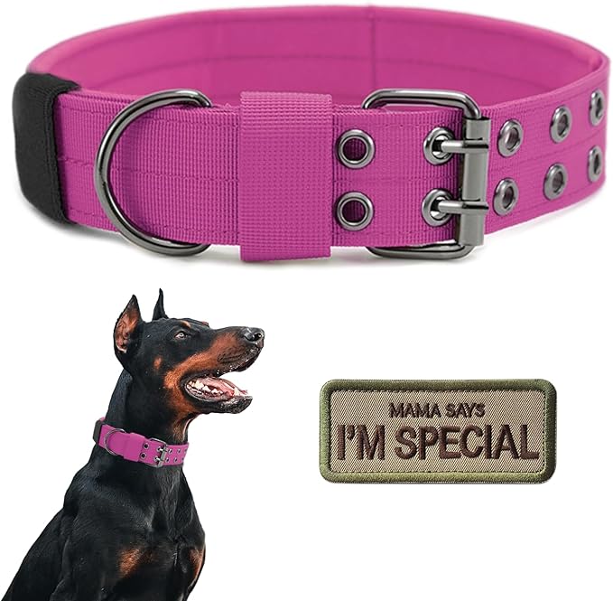 Tactical Dog Collar Military Adjustable Dog Collars Soft Nylon Training Collar with Patch Heavy Duty Metal Buckle Collars for Medium Large Dogs (Pink, M)