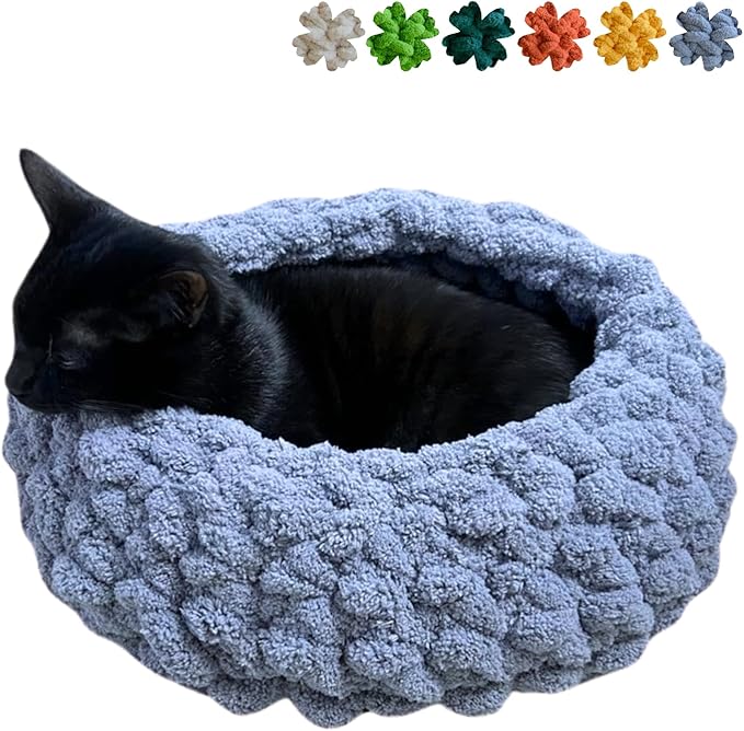 Cat Nest Bed - Premium Self Warming Handwoven Washable Extra Soft Round Cave House for Indoor Kitten & Kitty, Small & Large (Grayish Blue,Large)