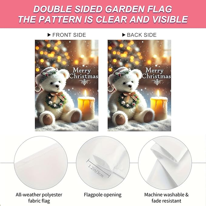 Christmas Garden Flag 12x18 Inch Merry Christmas Bear Flag Double Sided Holiday Banner Outdoor Winter Yard Decoration for Porch Lawn Home