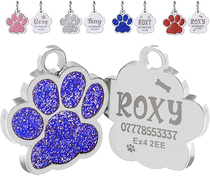 EDSG Cat Dog Tags Personalized for Pets, Dog Name Tags Cat Name ID Tag, Engraved Dog Tags Dog ID Tags Small Glitter Bling ID Tag Paw Print for Cat Pet Dog Puppy(Blue,Design 2)
