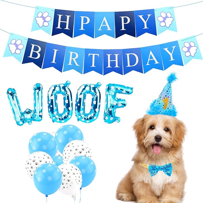 Dog Birthday Party Supplies, Adjustable Dog Bandana Set with Hat, Banner, Balloons and Bow Tie for Party Decorations Festive Accessories Party Photos & Celebrations- Large Medium Small Pet Puppy Dogs