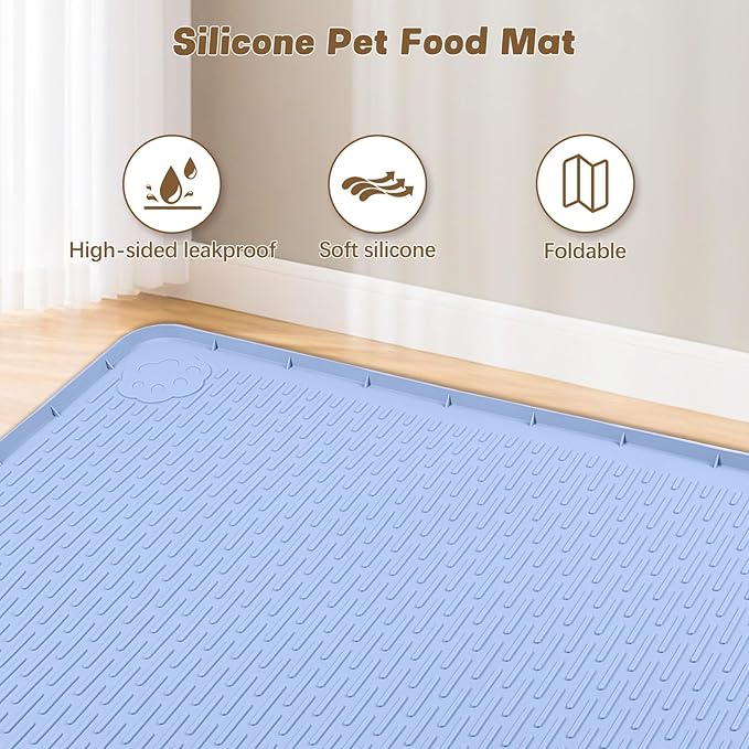 Cat Food Mat, 34" x 22" Large Silicone Pet Feeding Mat for Food and Water Bowls Non-Slip, Easy to Clean (Blue)