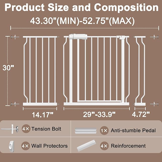 WAOWAO Baby Gate 43.3-52.75" Extra Wide Pressure Mounted Walk Through Swing Auto Close Safety White Metal Toddler Kids Child Dog Pet Puppy for Stairs,Doorways,Kitchen